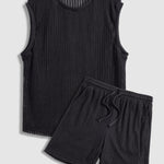 Men's sleeveless hollow textured knitted solid color casual set