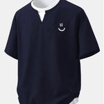 Relax Fit Smiley Face Print 2 In 1 Notched Collar Waffle T-Shirt