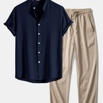 Linen And Rayon Blend Stand Collar Shirt & Wrinkle Textured Straight Leg Pants