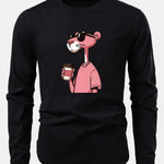 Pink Panther Drinking Coffee Print Cotton Arc Hem T-Shirt