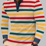 Men's colorful striped casual round neck loose henley long sleeve polo