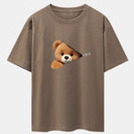Zipper Bear Print Drop Shoulder Oversize T-Shirt