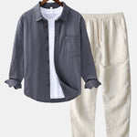 Long Sleeve Linen Cotton Shirt With Pocket & Straight Leg Linen Pants