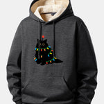 Colorful Light Black Cat Print Teddy Lined Hoodie