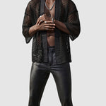 Men's hollow sexy mesh cardigan shawl shirt