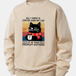 Black Cat Drinking Coffee Print Relax Fit Sweatshirt