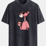 Pink Panther Drinking Coffee Print Washed Distressed Drop Shoulder T-Shirt