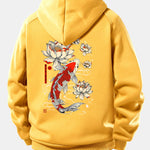Koi Fish Lotus Print Drawstring Hoodie