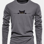 Long Sleeve Black Cat Print Cotton T-Shirt