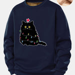 Christmas Lights Black Cat Print Teddy Fleece Lined Sweatshirt