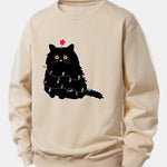 Christmas Lights Black Cat Print Relax Fit Sweatshirt
