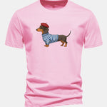 Regular Fit Dachshund Wearing Striped Sweater Print Cotton T-Shirt