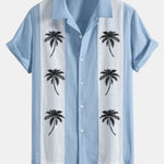 Palm Tree Print Linen Look Patchwork Bowling Shirt