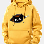Zipper Black Cat Print Drawstring Hoodie