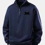 Relax Fit Black Cat Print Quarter Zip Sweatshirt