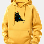 Christmas Lights Black Cat Print Drawstring Hoodie