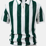 Striped Eyelet Knit Zip Up Polo Shirt
