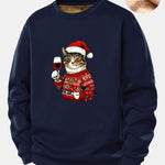 Christmas Cat Print Teddy Fleece Lined Sweatshirt