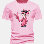 Regular Fit Pink Panther With V Sign Print Cotton T-Shirt