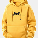 Black Cat Print Drawstring Hoodie