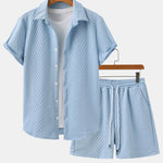 Rhombus Geometry Jacquard Button Up Shirt & Drawstring Shorts