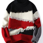 Color Block Fringe Patchwork Crew Neck Sweater