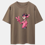 Pink Panther With V Sign Print Drop Shoulder Oversize T-Shirt