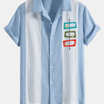Atomic Print Linen Look Patchwork Bowling Shirt