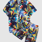 Men's Hawaiian print short-sleeved casual button-front resort shirt + casual shorts two-piece set