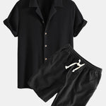 Textured Cuban Shirt & Linen Cotton Blend Drawstring Shorts