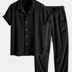 Knitted Geometric Rhombus Jacquard Cuban Shirt & Crinkle Textured Straight Leg Pants