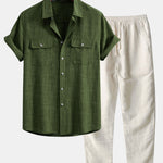 Textured Button Up Shirt With Two Pockets & Straight Leg Linen Pants