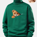 Zipper Bear Print Teddy Fleece Lined Turtle Neck Sweatshirt