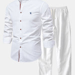 Long Sleeve Linen Look Stand Collar Shirt & Straight Leg Linen Pants