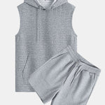 Waffle Sleeveless Hooded T-Shirt With Kangaroo Pocket & Shorts