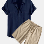 Linen Rayon Blend Pocket Utility Shirt & Crinkled Textured Drawstring Shorts