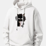 Black Cat Drinking Coffee Print Relax Fit Hoodie
