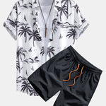 Palm Tree Island Print Button Up Shirt & Drawstring Swim Shorts