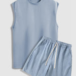 Men's Solid Suede Sleeveless Crew Neck T-Shirt Shorts Set