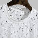 Men's knitted hollow jacquard casual round neck T-shirt