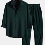Long Sleeve Muscle Fit Ribbed Button Up Shirt & Straight Leg Ribbed Pants