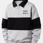 Relax Fit NY Brooklyn Print Color Block Polo Collar Sweatshirt