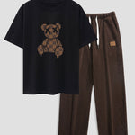 Checkerboard Dissolving Bear Drop Shoulder Oversize T-Shirt & Straight Leg Corduroy Pants