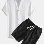 Short Sleeve V Neck Linen Rayon Blend Shirt & Linen Cotton Blend Drawstring Shorts