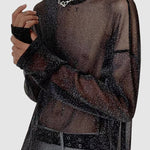 Men's mesh sheer shiny breathable mesh bottom long-sleeved T-shirt