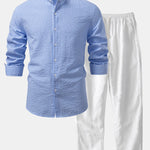 Seersucker Striped Stand Collar Shirt & Straight Leg Linen Pants