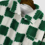 Men's Large Wave Plaid Faux Fur Single Pocket Zip-up Jacket