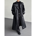 Double Breasted Belted PU Leather Long Trench Coat