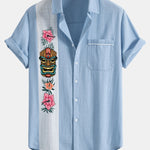 Tiki Tribe Hawaii Print Linen Look Contrast Button Up Shirt