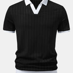 Striped Textured Johnny Collar Open Knit Polo
